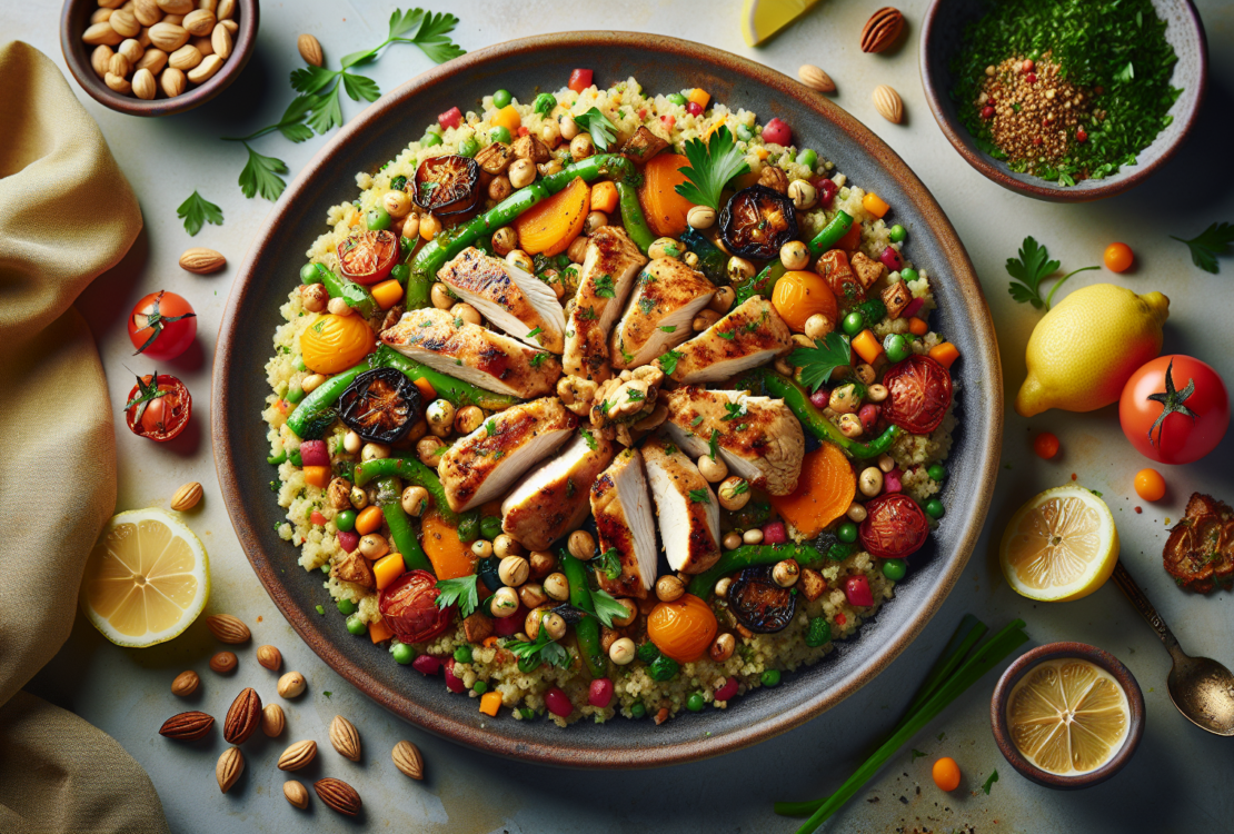 A beautifully plated dish of maftoul topped with tender chicken and colorful vegetables, garnished with fresh herbs.