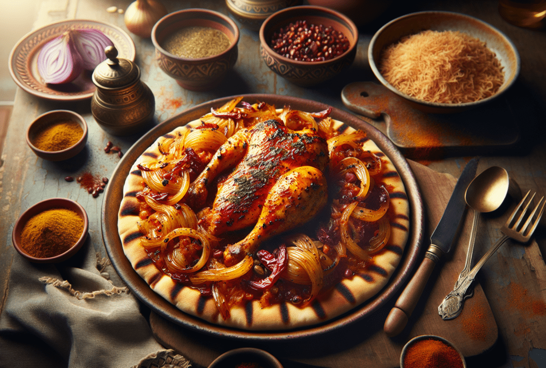 A vibrant plate of sumac chicken resting on golden taboon bread, garnished with caramelized onions and spices.