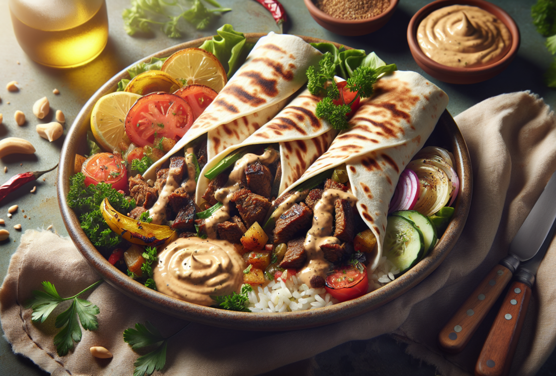 Delicious spiced meat wraps garnished with fresh vegetables and tahini sauce.