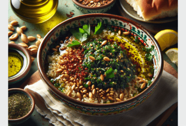 A vibrant bowl of za'atar blend, featuring green herbs and toasted sesame seeds, drizzled with olive oil.