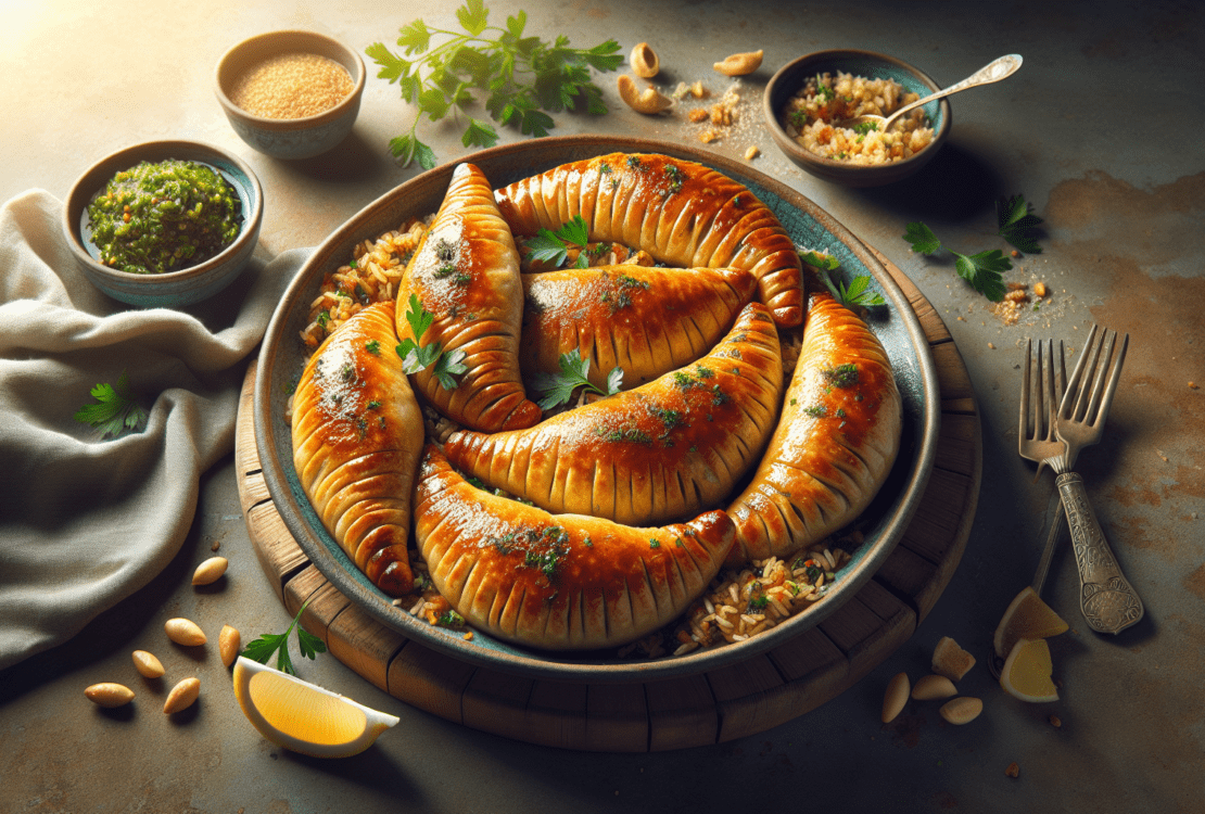 Golden-brown crescent-shaped pastries filled with delicious meat and herbs.