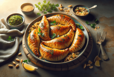 Golden-brown crescent-shaped pastries filled with delicious meat and herbs.