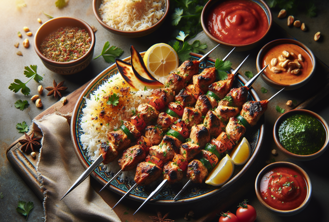 Succulent grilled chicken skewers garnished with fresh herbs and served with vibrant dipping sauces.