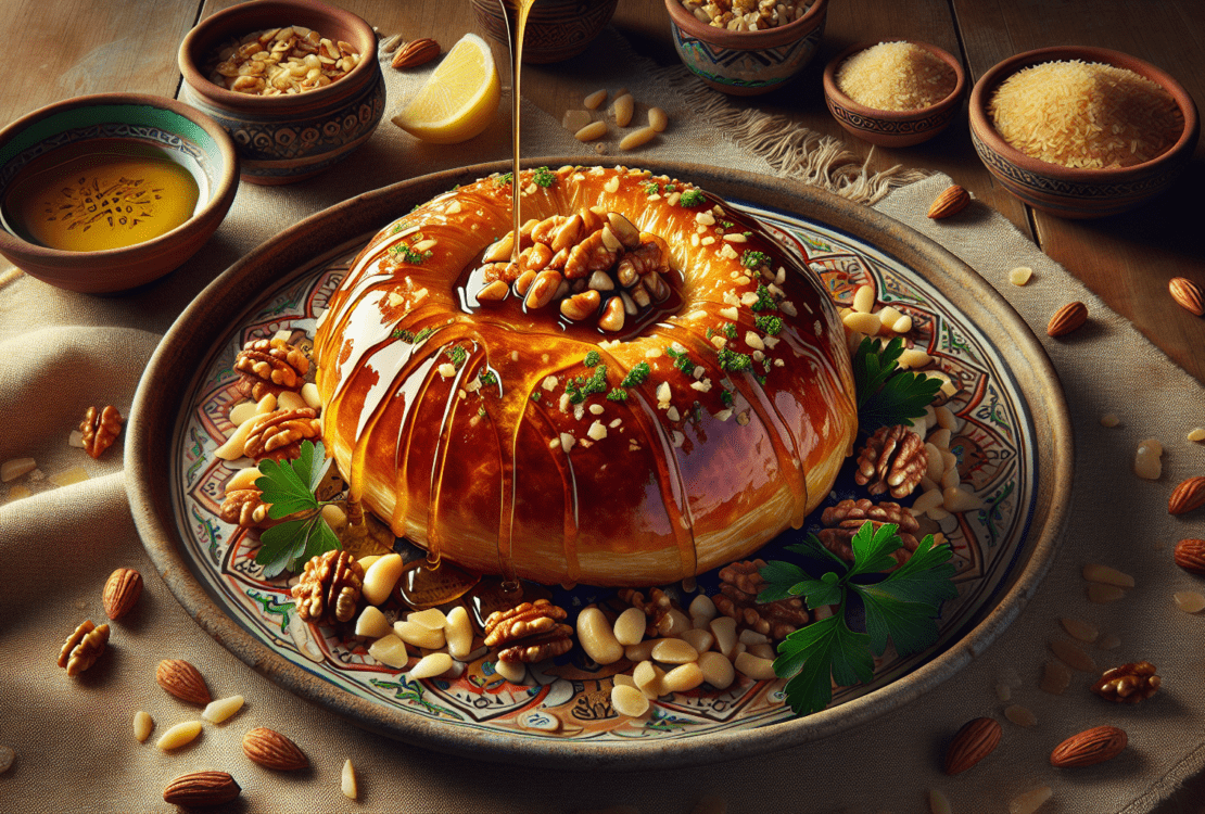 Golden-brown pastry topped with syrup and nuts, served on a decorative plate.