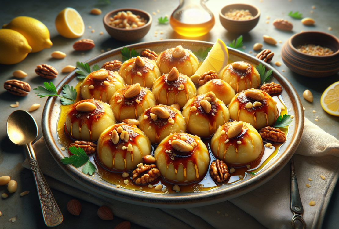 Golden-brown sweet dumplings filled with cheese and nuts, garnished with syrup and nuts.