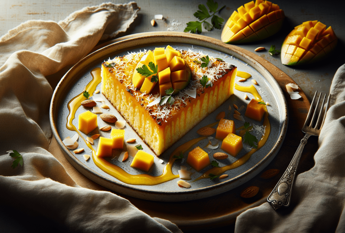 A slice of mango Basbousa adorned with fresh mango slices and a sprinkle of coconut, served on a delicate plate.