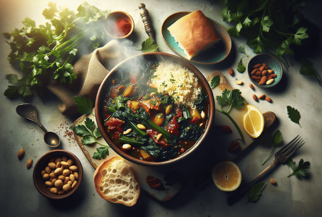 A steaming bowl of Gaza's sumac and chard stew, garnished with fresh herbs and served with warm bread.