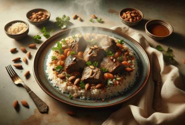 A beautifully arranged platter of lamb and rice, garnished with almonds and fresh herbs.