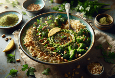 A vibrant bowl of za'atar blend, showcasing its earthy greens and nutty sesame seeds.
