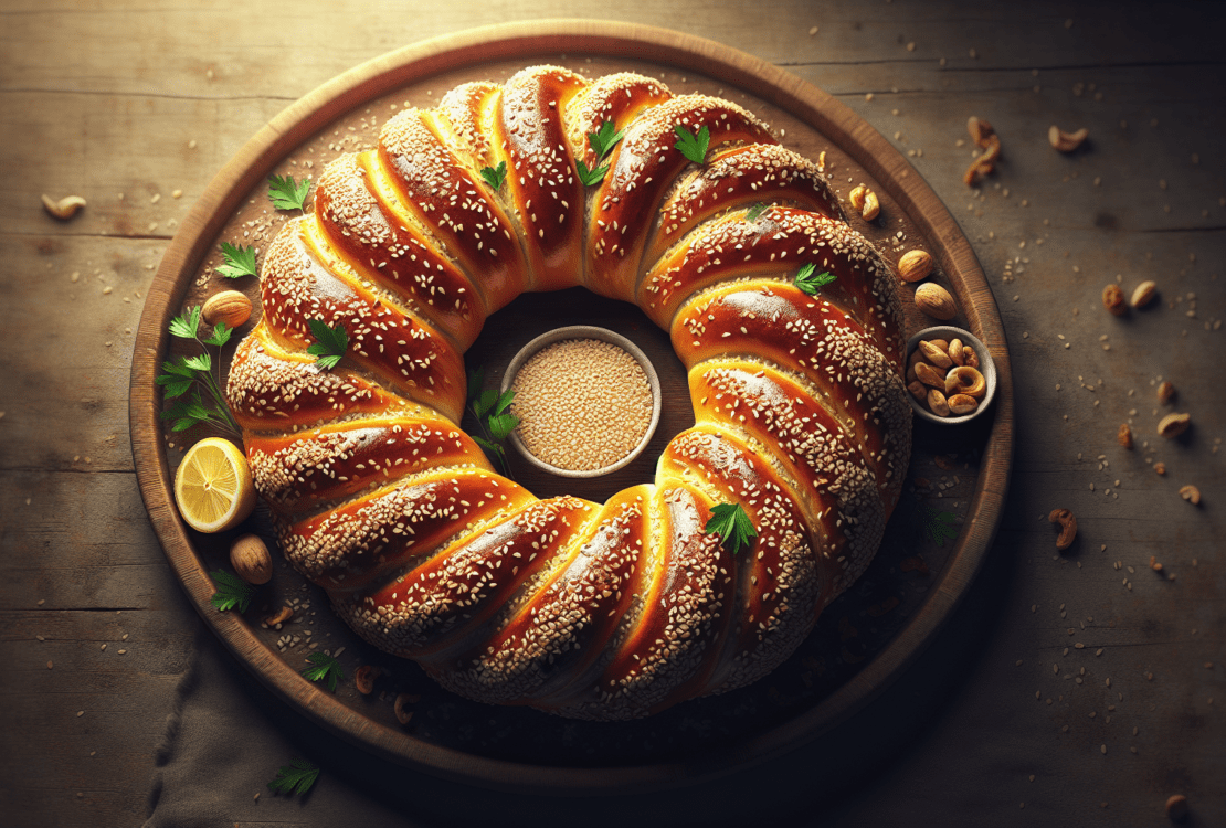 Golden brown sesame ring bread, freshly baked and glistening with sesame seeds.