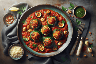 A vibrant dish of stuffed zucchini swimming in a luscious tomato sauce, garnished with fresh herbs.
