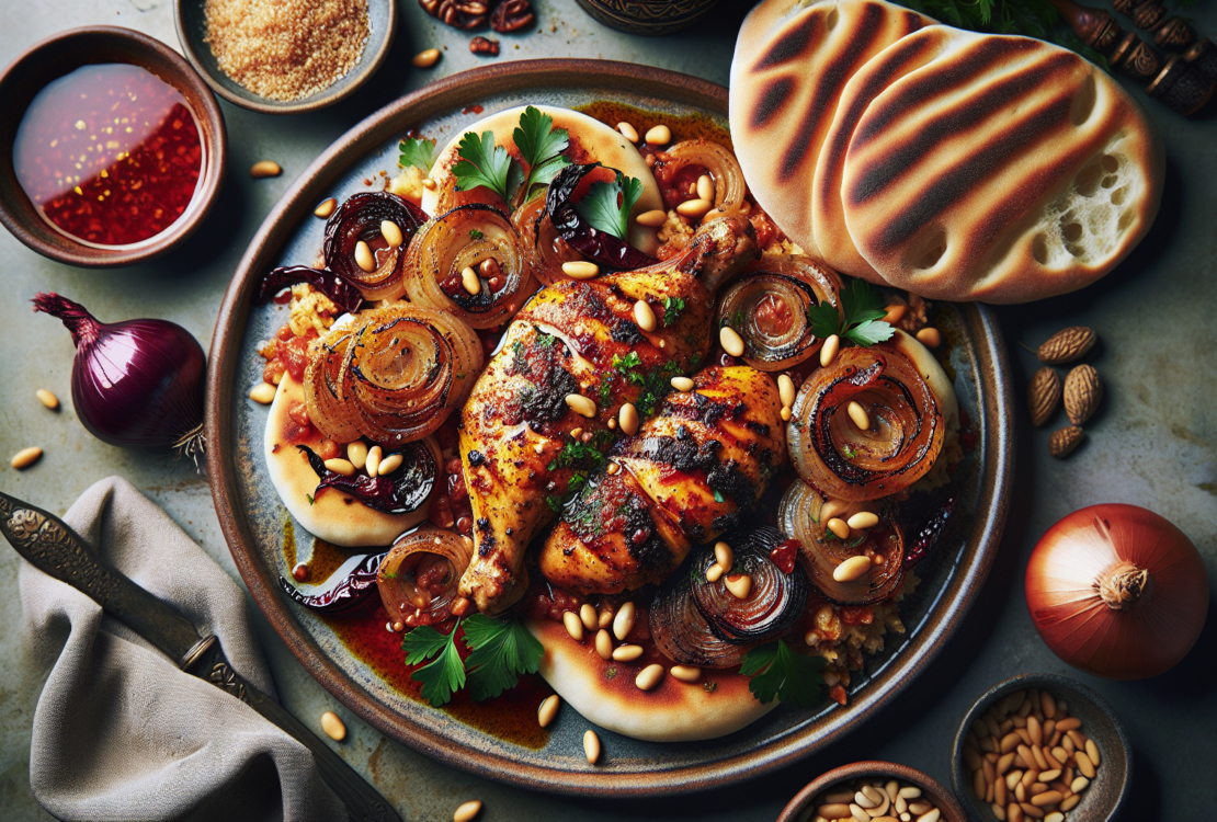 A plate of sumac-infused roasted chicken served on taboon bread, garnished with caramelized onions and pine nuts.